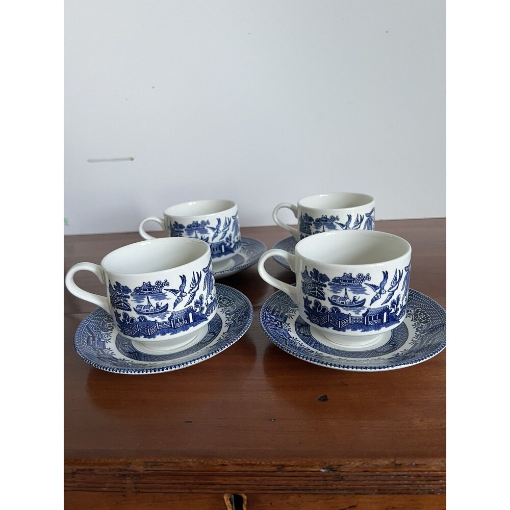 Churchill England Cup & Saucer Blue Willow Coffee or Tea Set. 4 Sets.